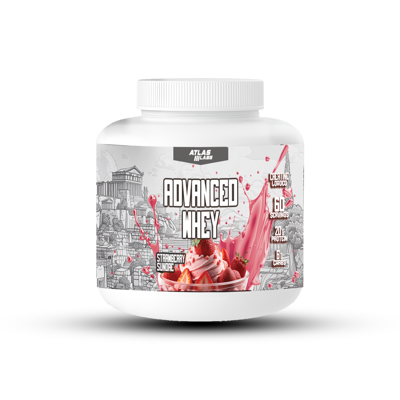 White container of Atlas Labs Advanced Whey protein powder on a white background