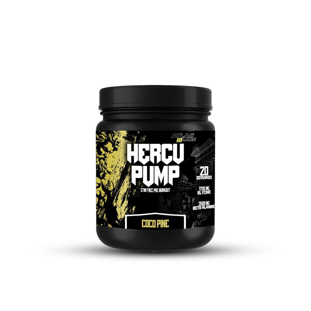 Black supplement container labeled 'Hercu Pump' on a white background