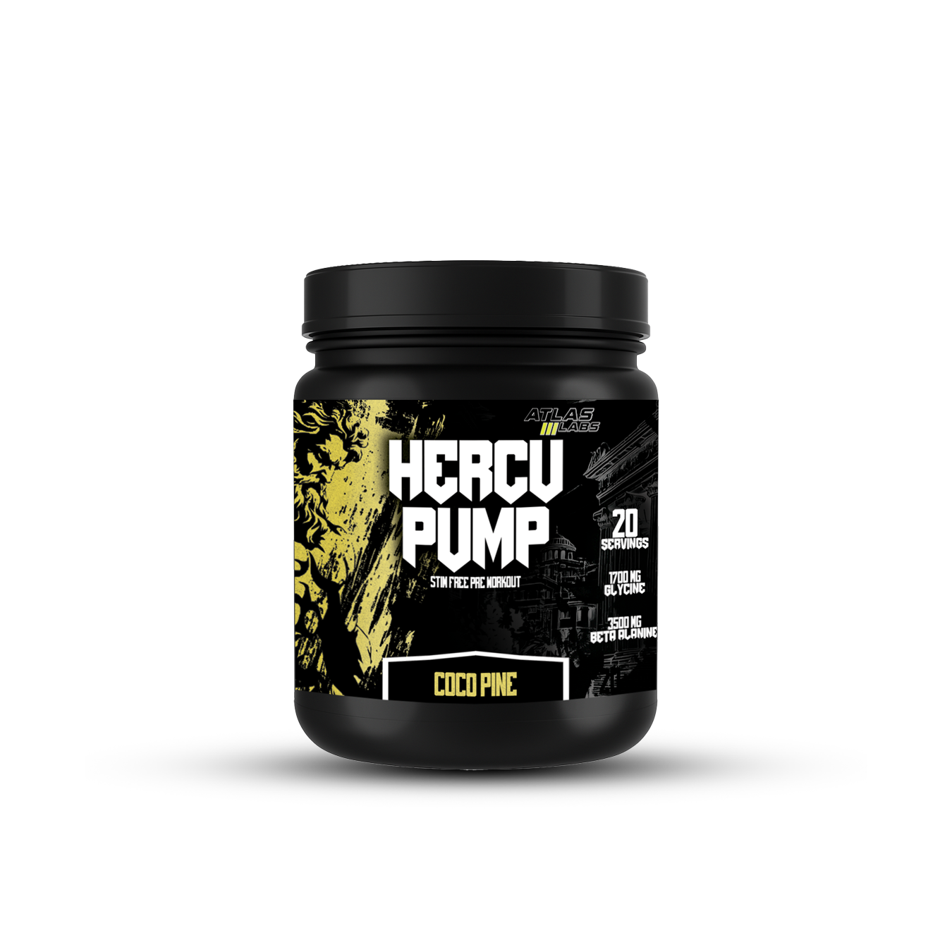 Black supplement container labeled 'Hercu Pump' on a white background