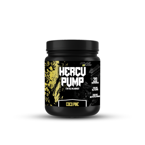 Black supplement container labeled 'Hercu Pump' on a white background