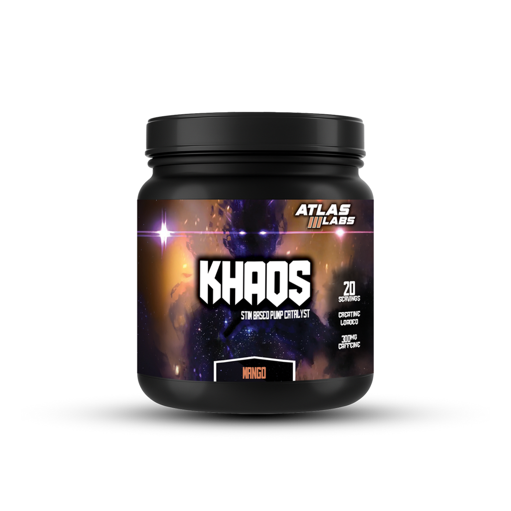 Black supplement container labeled 'Khaos' by Atlas Labs on a white background