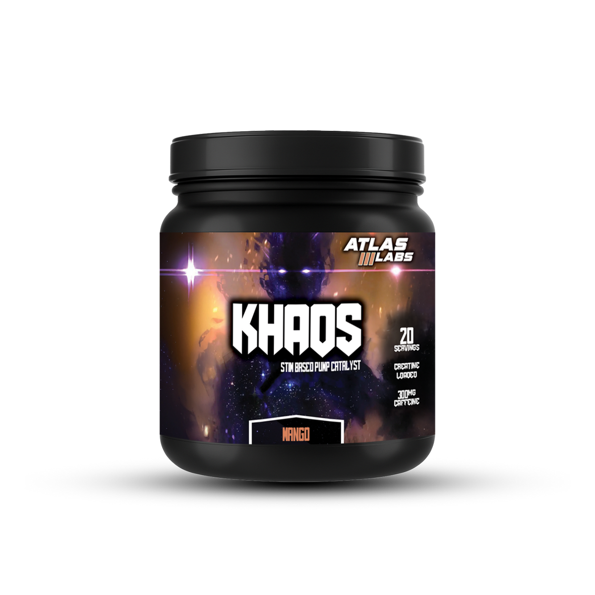Black supplement container labeled 'Khaos' by Atlas Labs on a white background