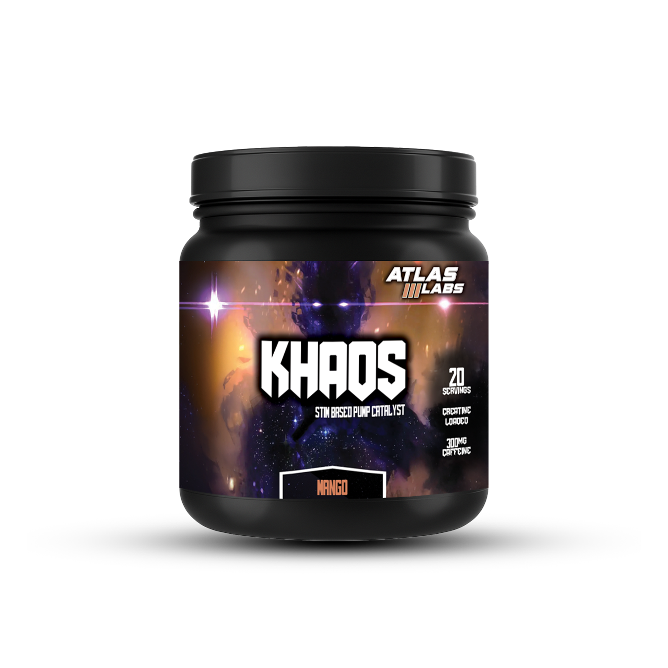 Black supplement container labeled 'Khaos' by Atlas Labs on a white background