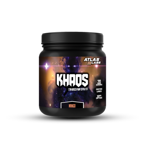 Black supplement container labeled 'Khaos' by Atlas Labs on a white background