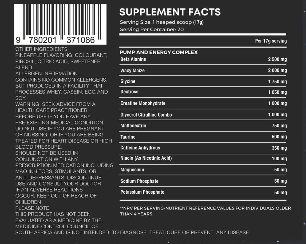 Supplement label with detailed ingredient list and nutritional information on a black background