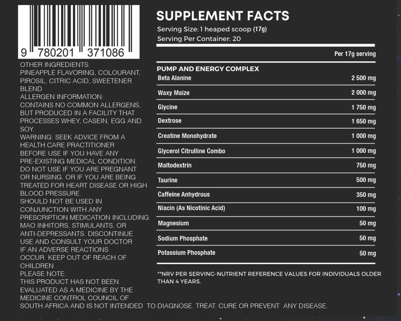 Supplement label with detailed ingredient list and nutritional information on a black background