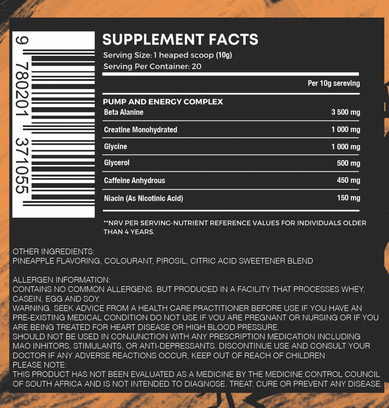Supplement label with ingredient list and nutritional information on a dark background
