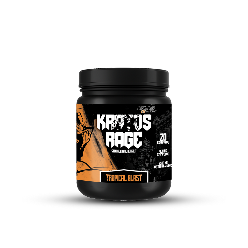 Supplement container labeled 'Kratos Rage' with black and orange design on a white background