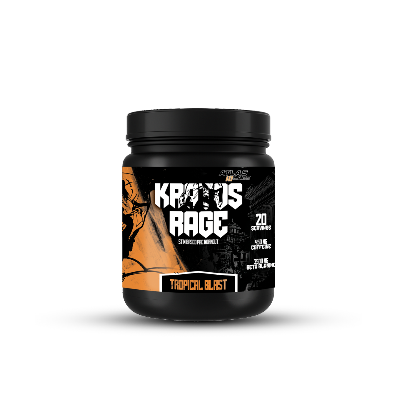Supplement container labeled 'Kratos Rage' with black and orange design on a white background
