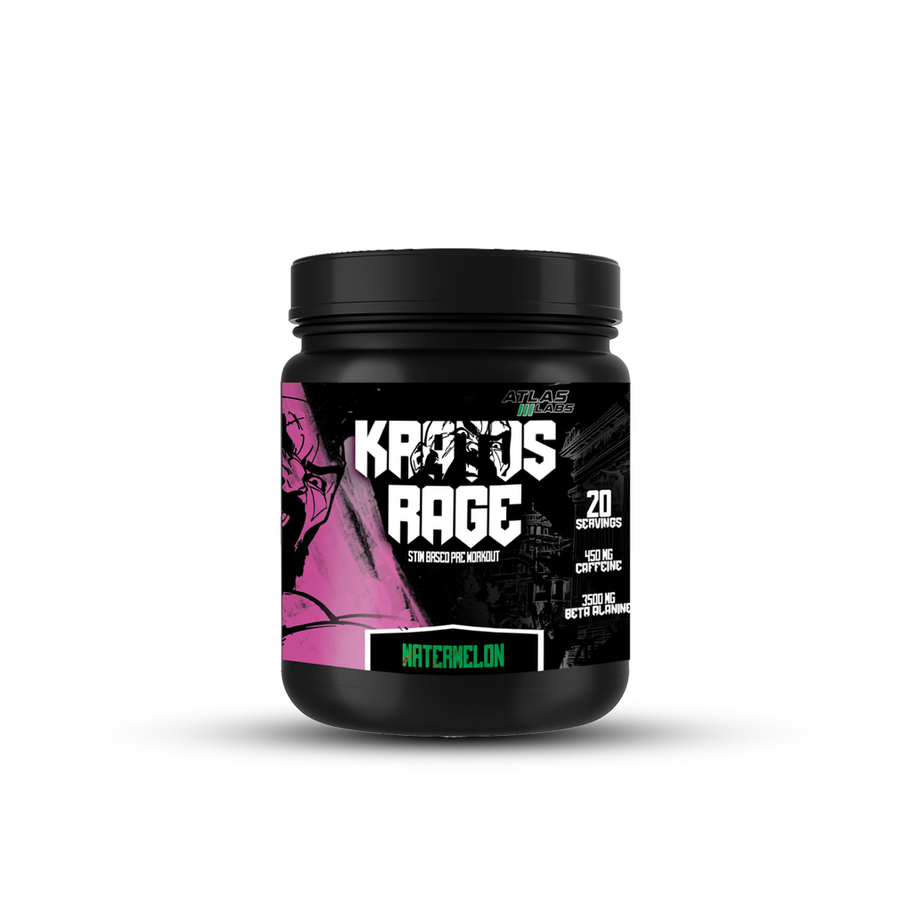 Black supplement container labeled 'Kratos Rage' on a white background