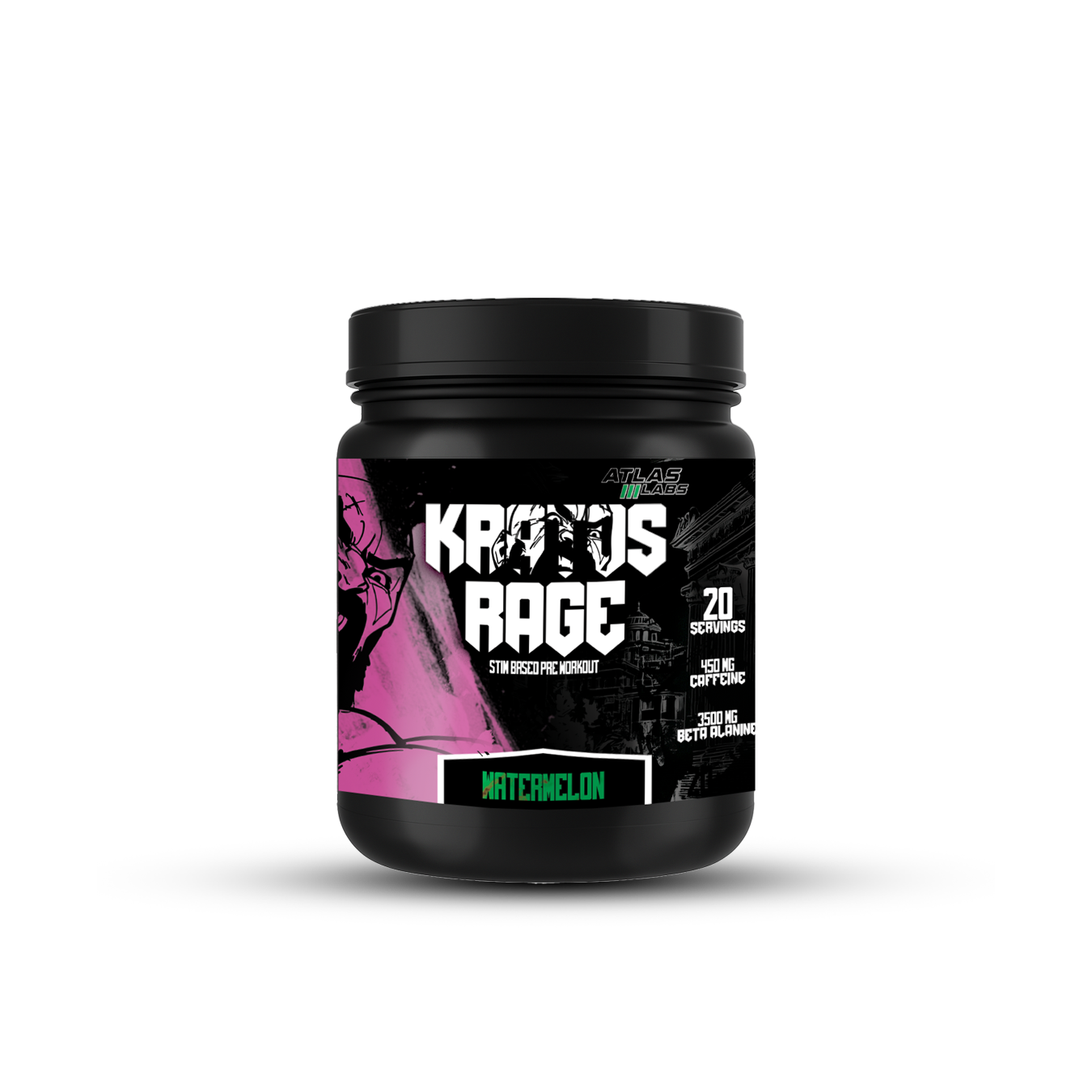 Black supplement container labeled 'Kratos Rage' on a white background
