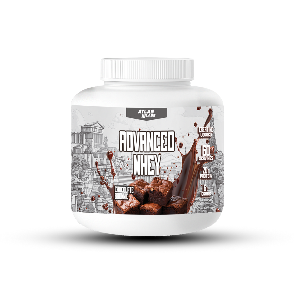 Container of Atlas Labs Advanced Whey protein powder on a white background