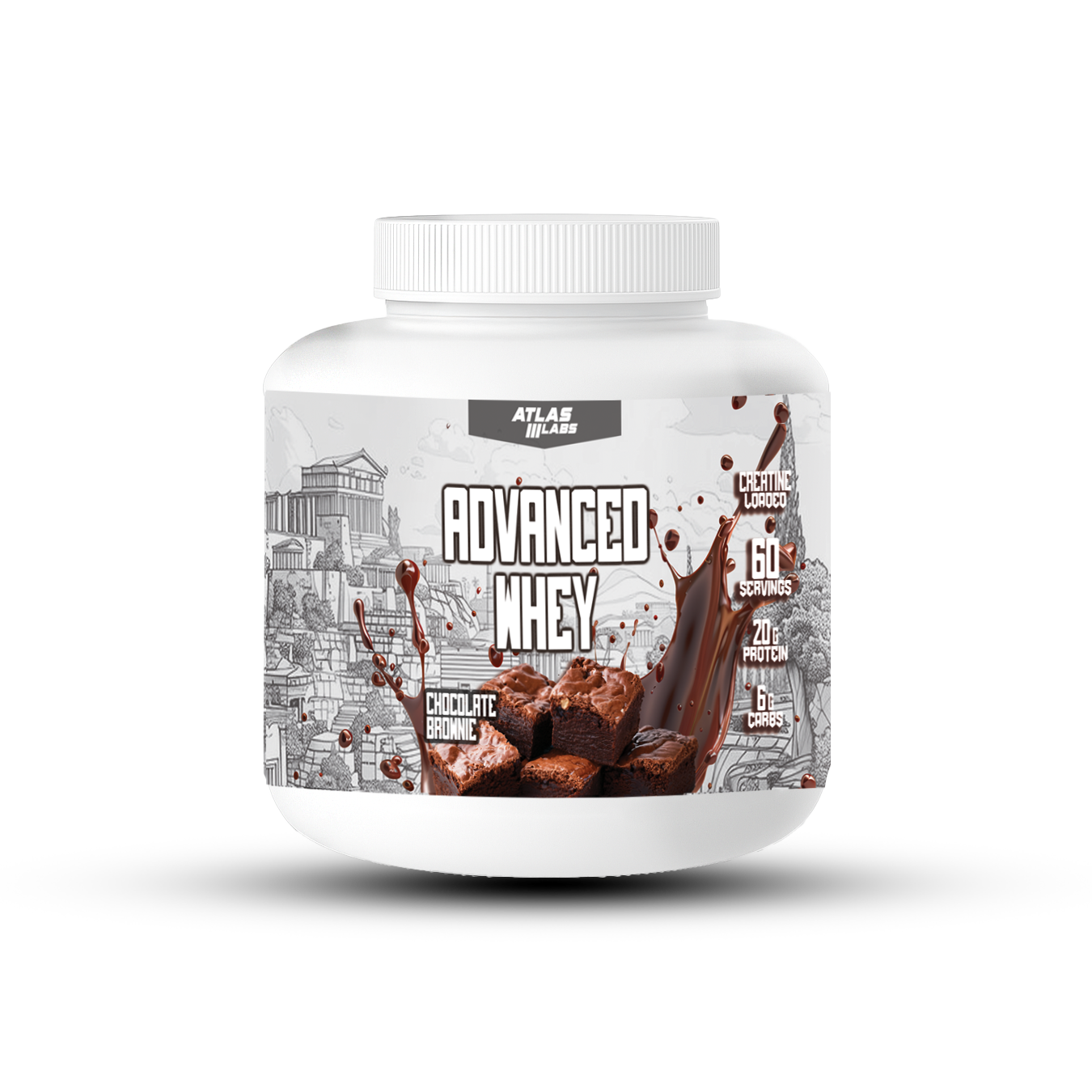 Container of Atlas Labs Advanced Whey protein powder on a white background