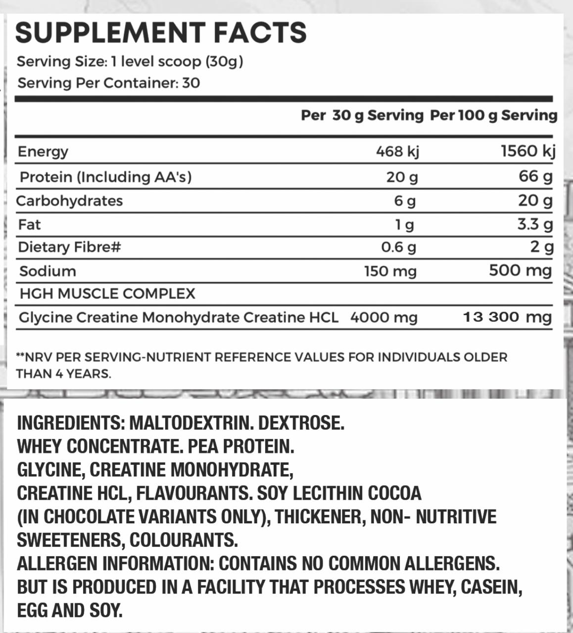 Supplement facts label with nutritional information and ingredients listed.