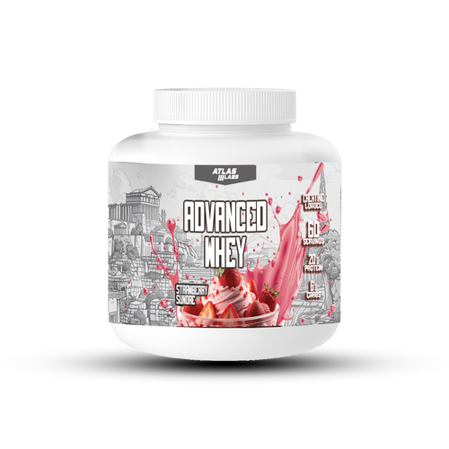 White container of Atlas Labs Advanced Whey protein powder on a white background